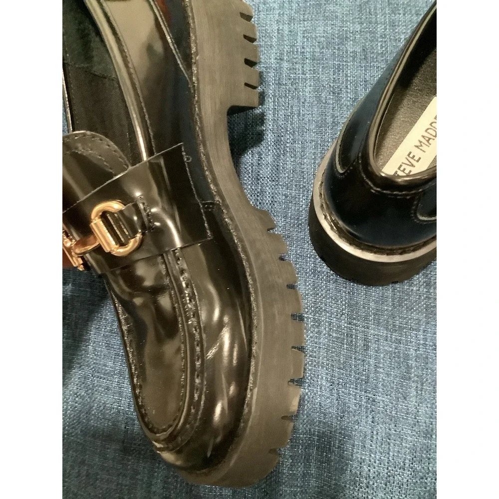 Steve Madden Lando Mens 6.5 M Black Patent Leather Chunky Lug Horsebit Loafers